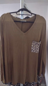 Green V Neck Leopard Pocket Shirt Top