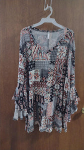Navy Burgundy Patchwork Design Shirt Top