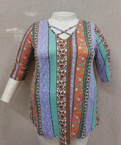 PSFU Purple Orange Floral Horizontal Stripe Shirt Top w X Neck