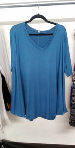 Solid Blue Shirt Top w V Neck