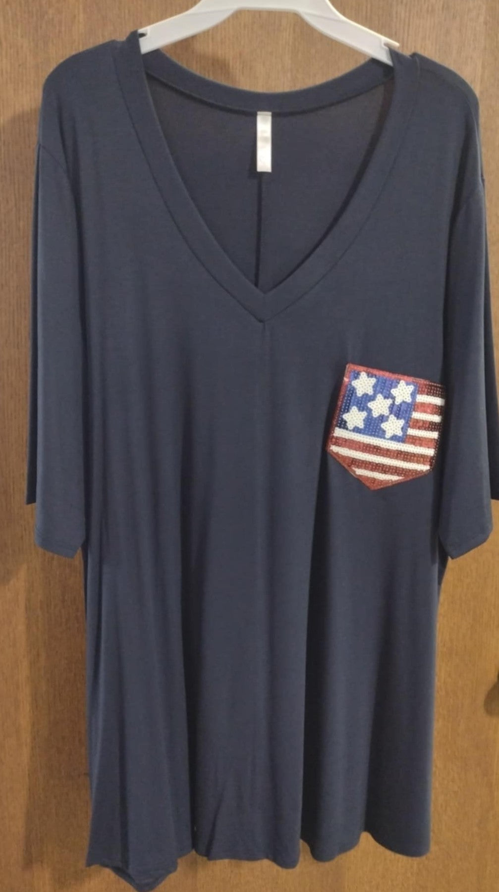 Navy Blue Shirt Top w USA Flag Sequin Pocket