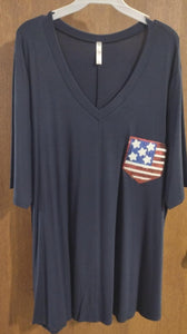 Navy Blue Shirt Top w USA Flag Sequin Pocket