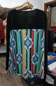 Black Aztec Western Print X Neck Shirt Top