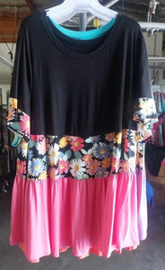 PSFU Black Floral Pink Colorblock Shirt Top