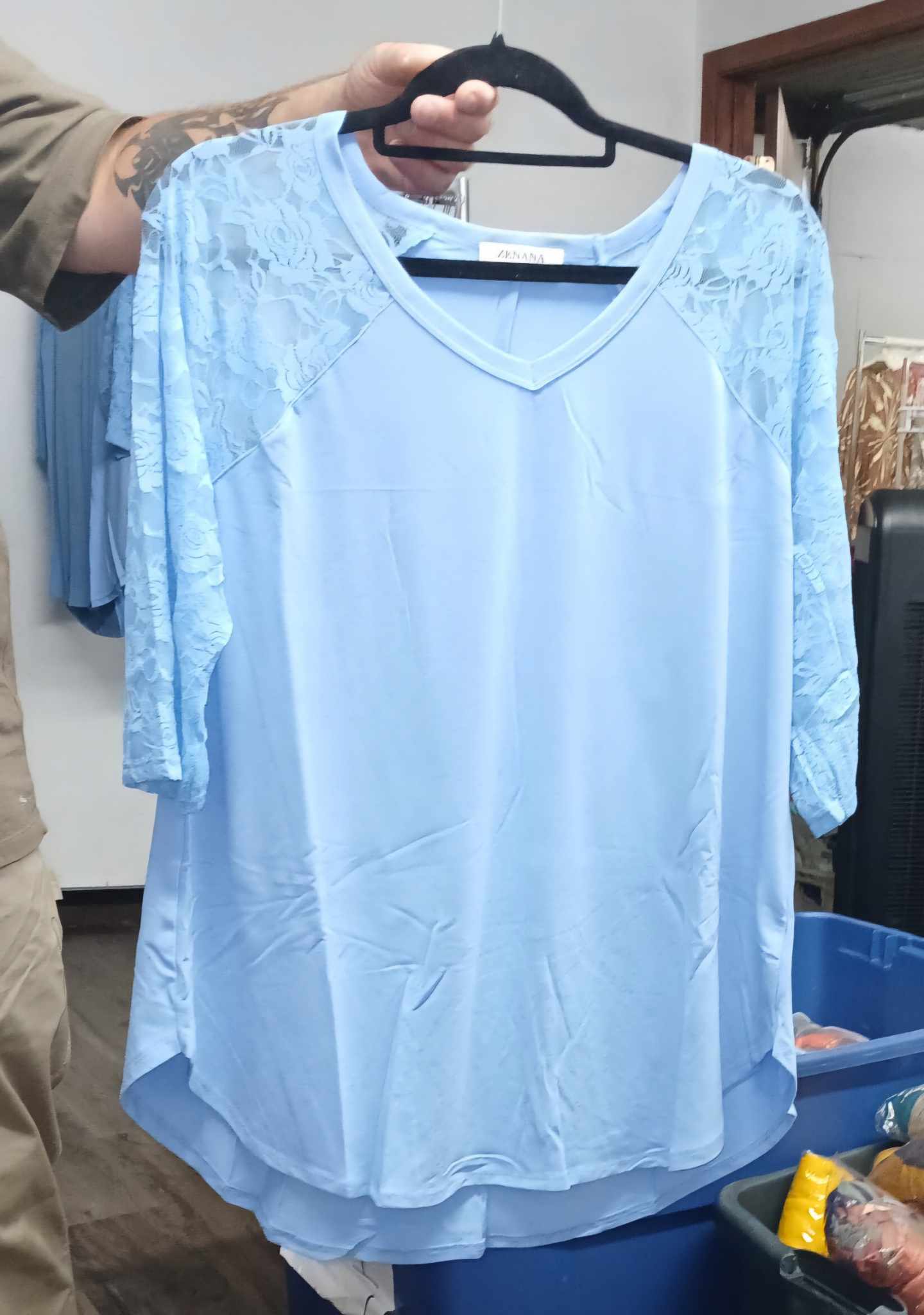 Gorgeous Blue V Neck Lace Sleeve Shirt Top