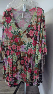 Brown Pink Floral Shirt Top with V Neck
