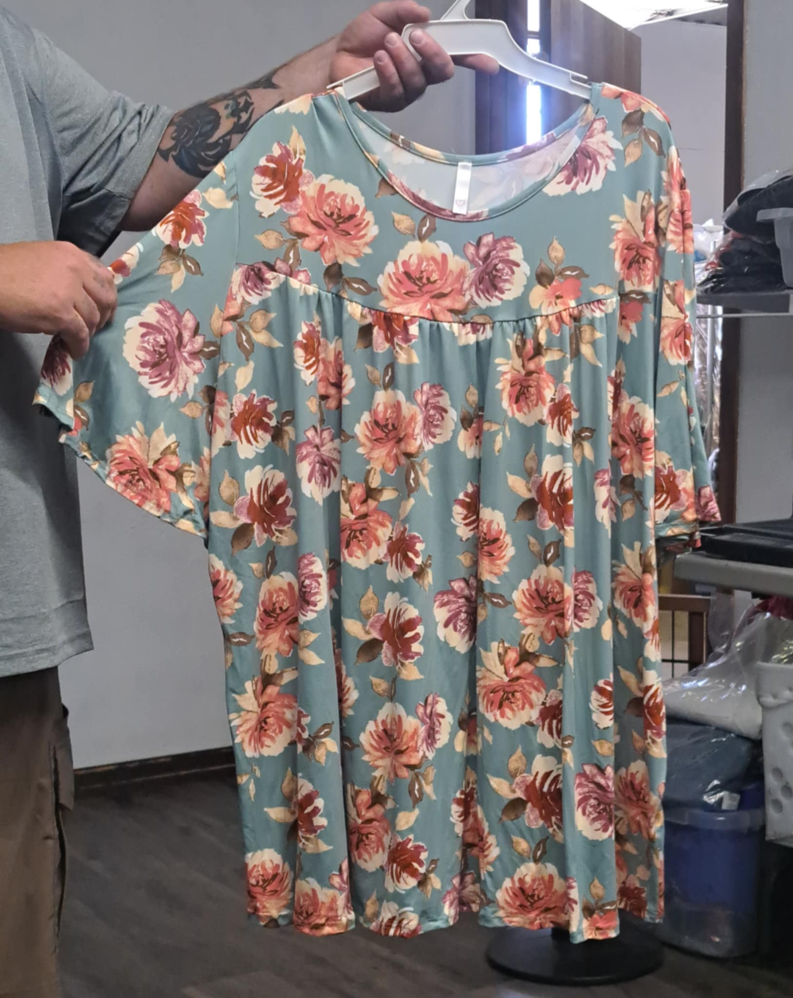 Green Floral Shirred Upper Shirt Top