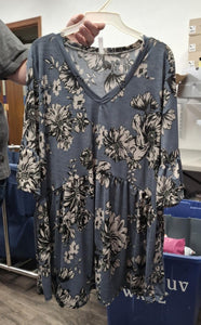 Gray Blue Floral V Neck Shirt Top