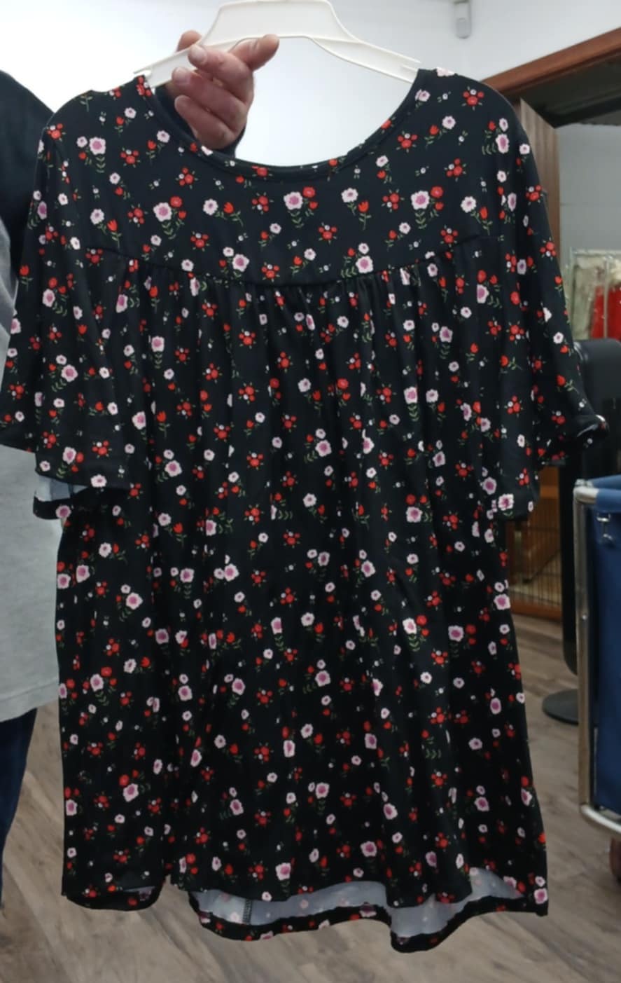 Black Red Small Floral Print Shirred Shirt Top