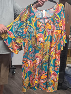 Bright Teal Aqua Pink Paisley Shirt Top with - Neckline
