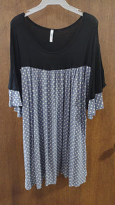 Black Shirred Blue Polka Dot Shirt Top