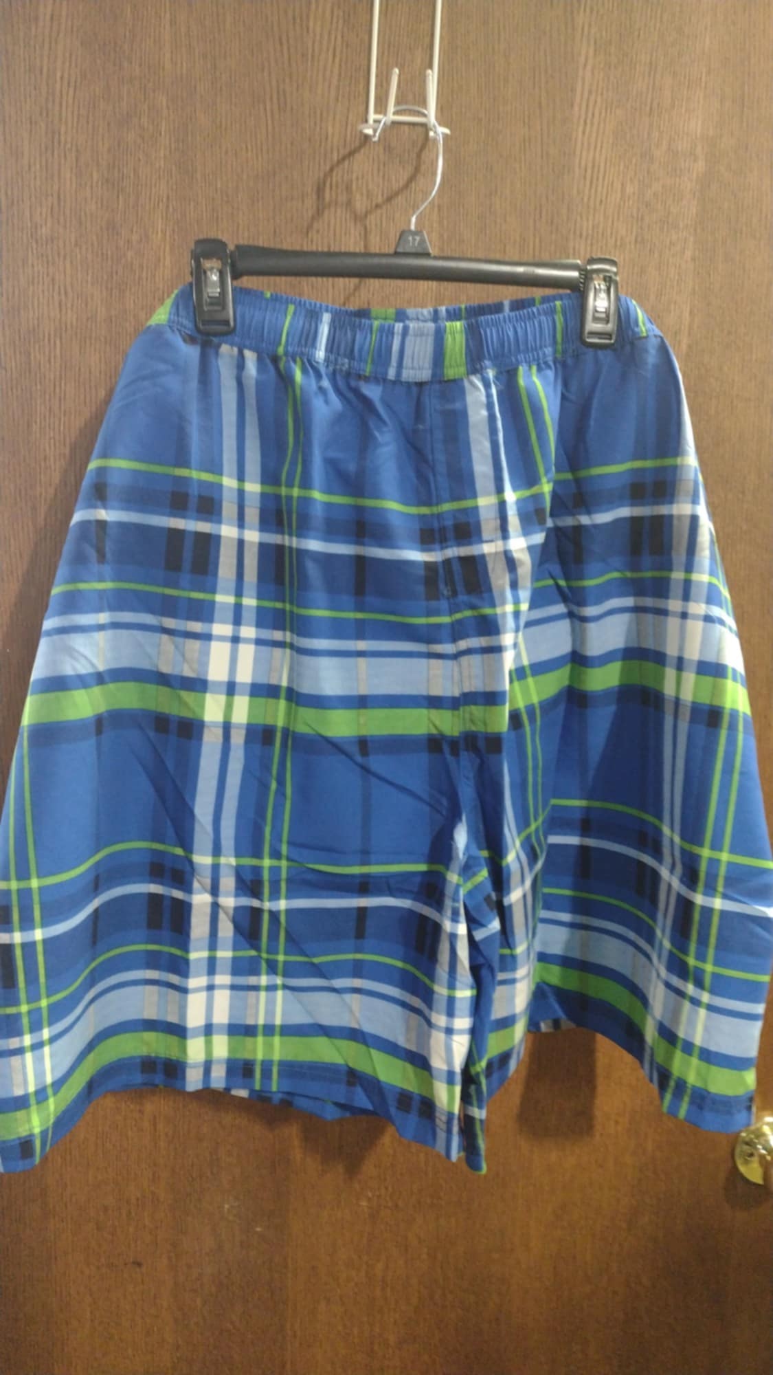 Mens Blue Green Plaid Swim Trunks Shorts