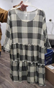 Gray Cream Plaid Tiered Shirt Top