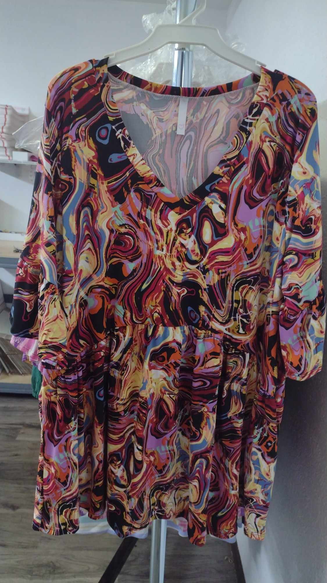 Black Pink Purple Yellow Gold Blue Swirl Tie Dye Like Shirt Top