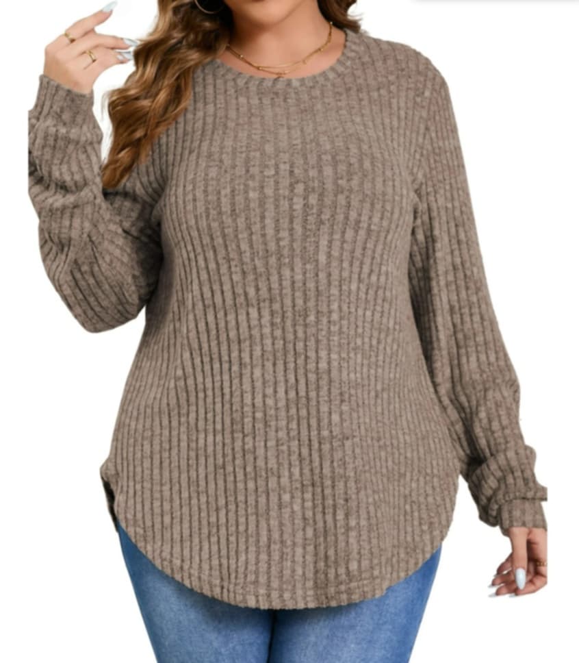 Brown Ribbed Shirt Top w Long Sleeves