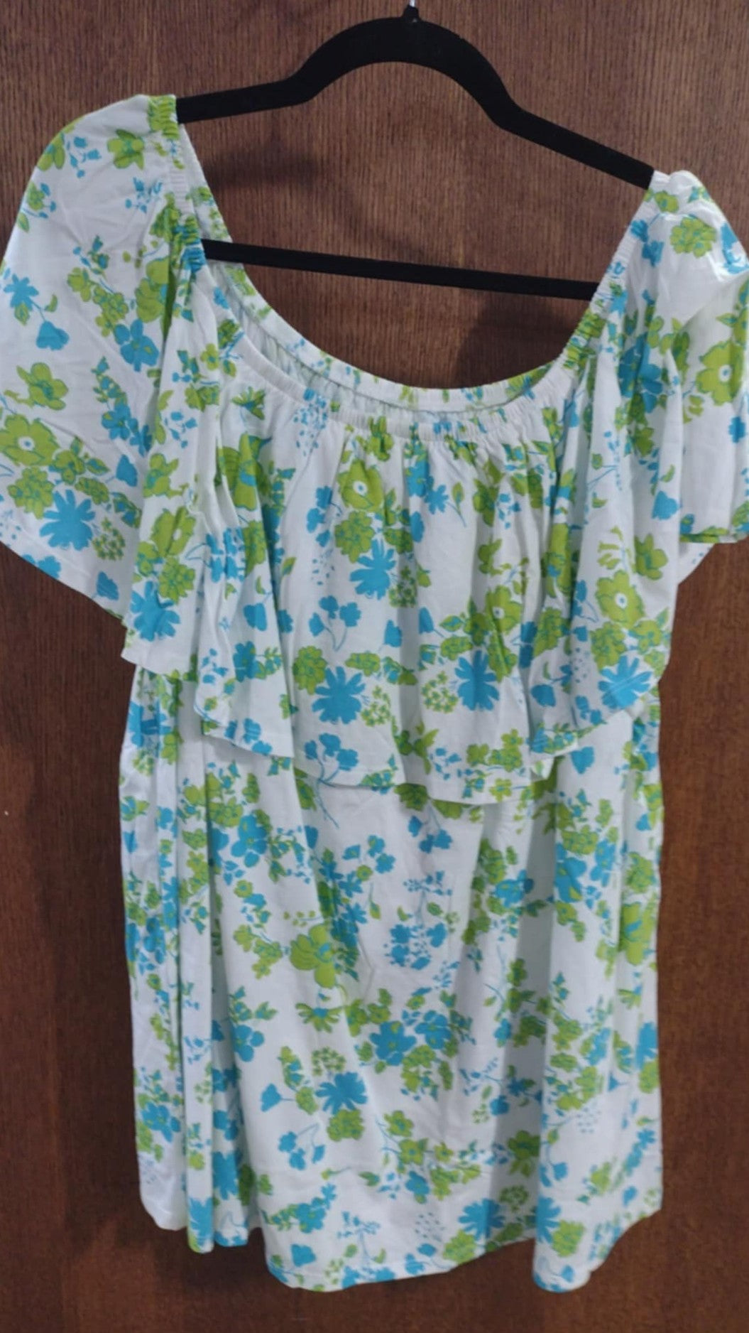 White Blue Green Floral Off Shoulder Shirt Top