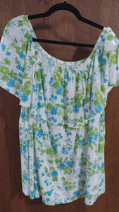White Blue Green Floral Off Shoulder Shirt Top