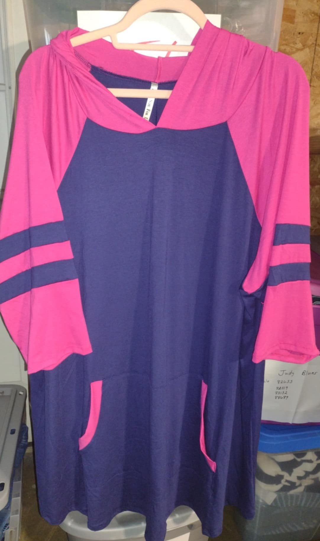 PSFU Navy Pink Varsity Stripe 3/4 Sleeves Hoodie Hooded Shirt Top