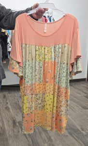 Orange Yellow Floral Patchwork Shirred Shirt Top Tunic