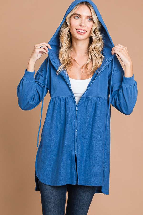 Blue Ruched Zip Up Hoodie