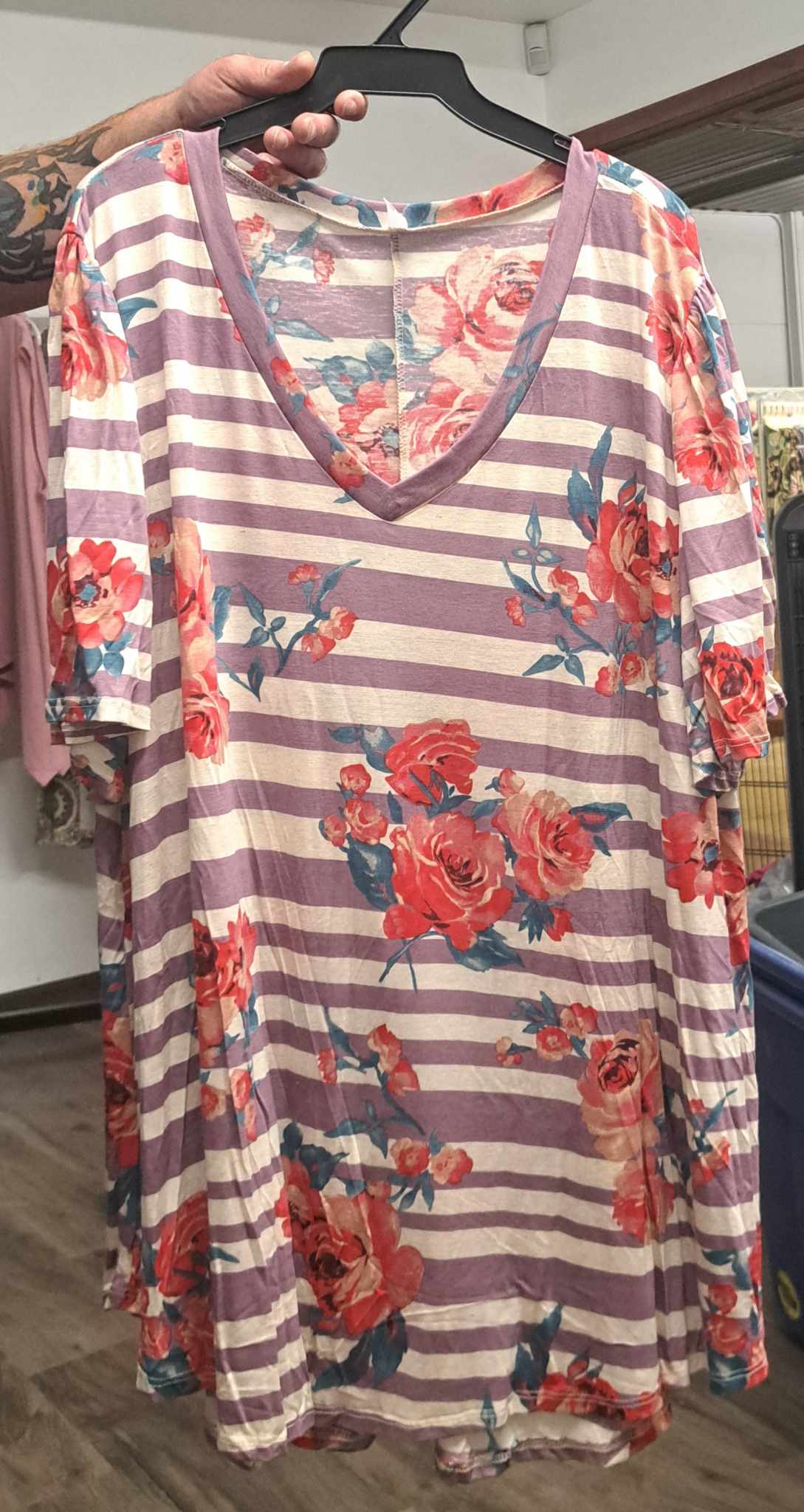 Purple Stripe Floral Shirt Top with V Neck