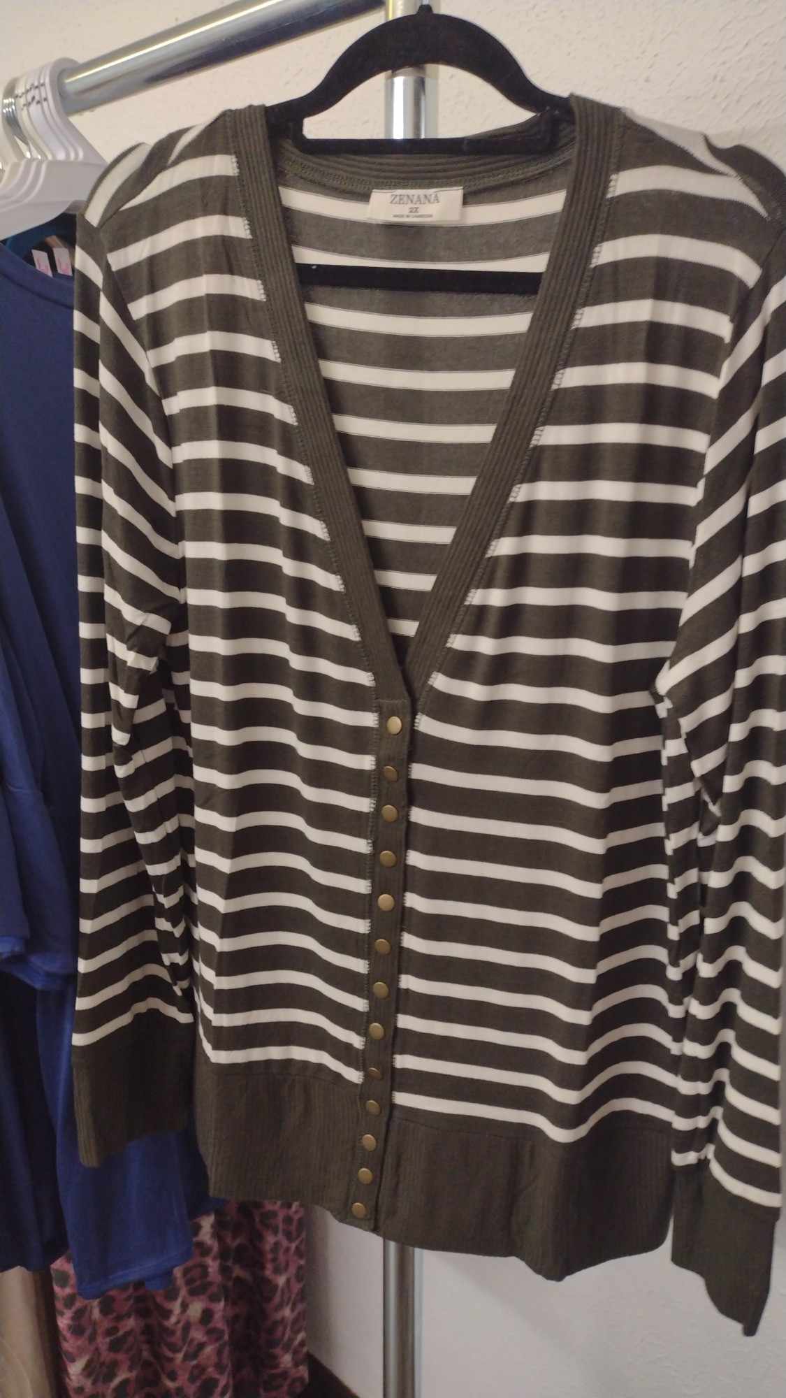 Green Striped Button Up Cardigan Layering Piece