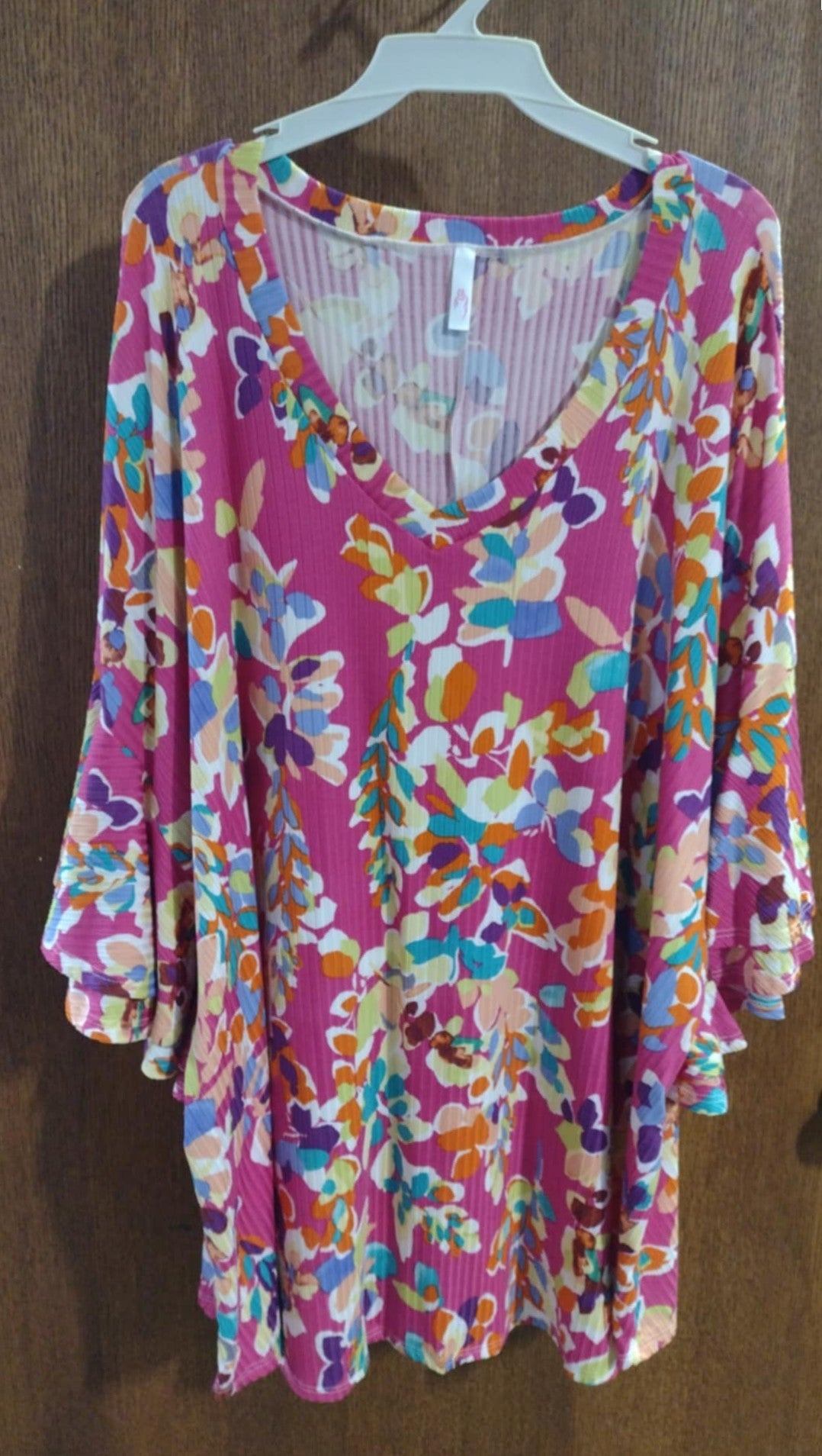Pink Abstract Ribbed Floral Shirt Top
