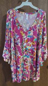 Pink Abstract Ribbed Floral Shirt Top