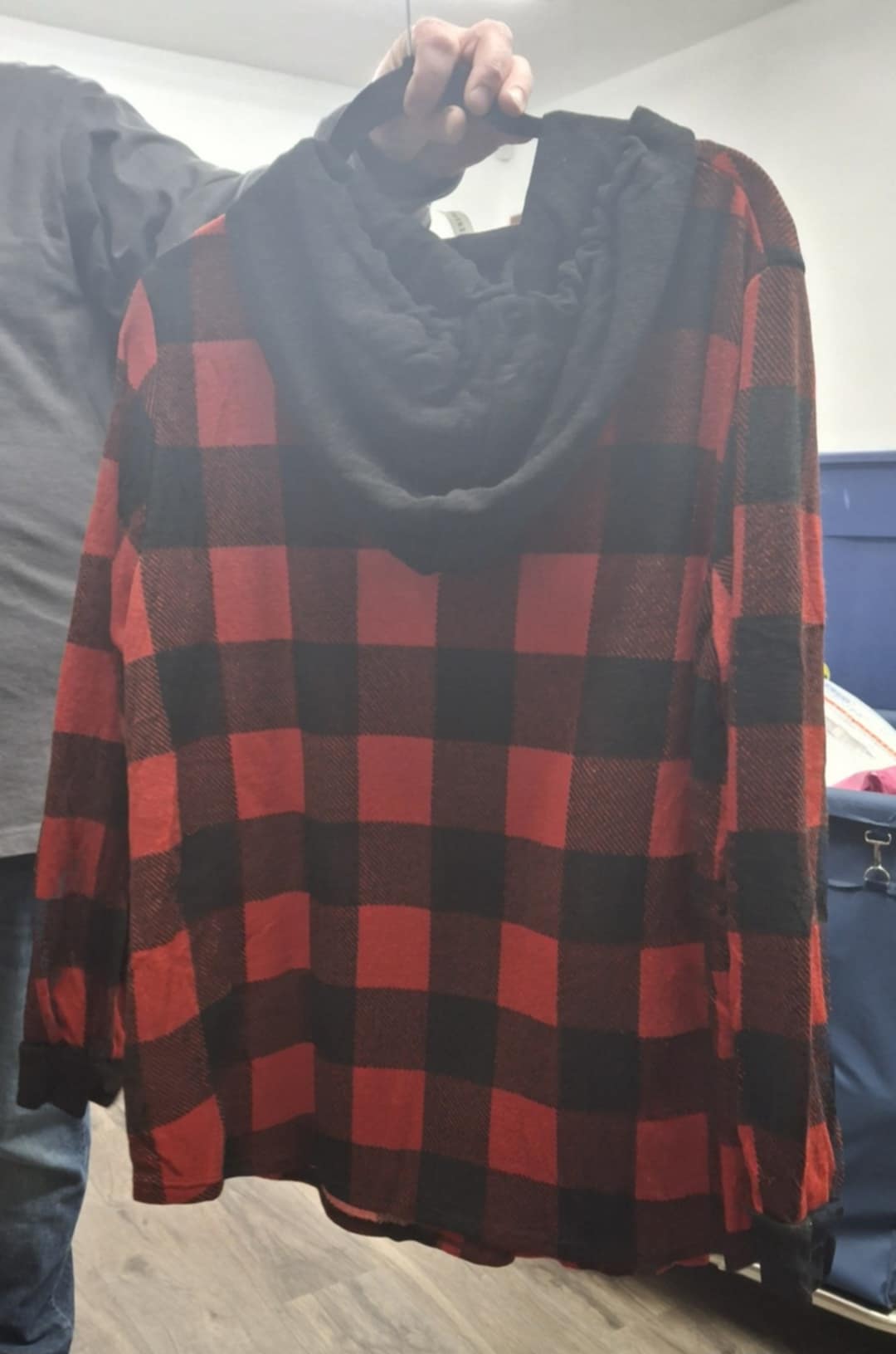 Red Black Plaid Button Up Hoodie Hooded Shirt Top