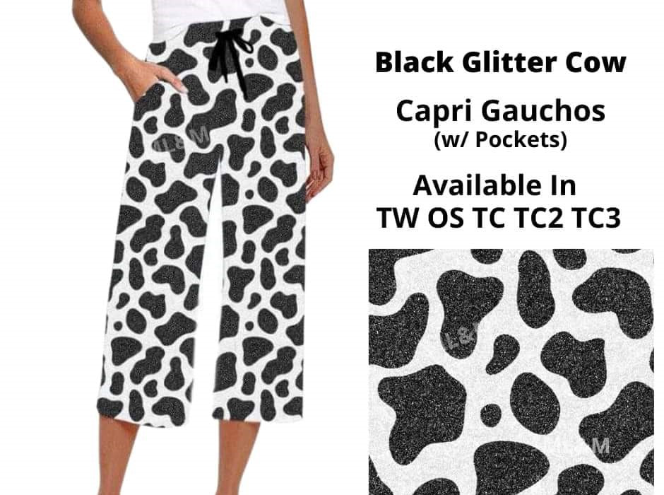 Black Glitter Cow Capri Gauchos