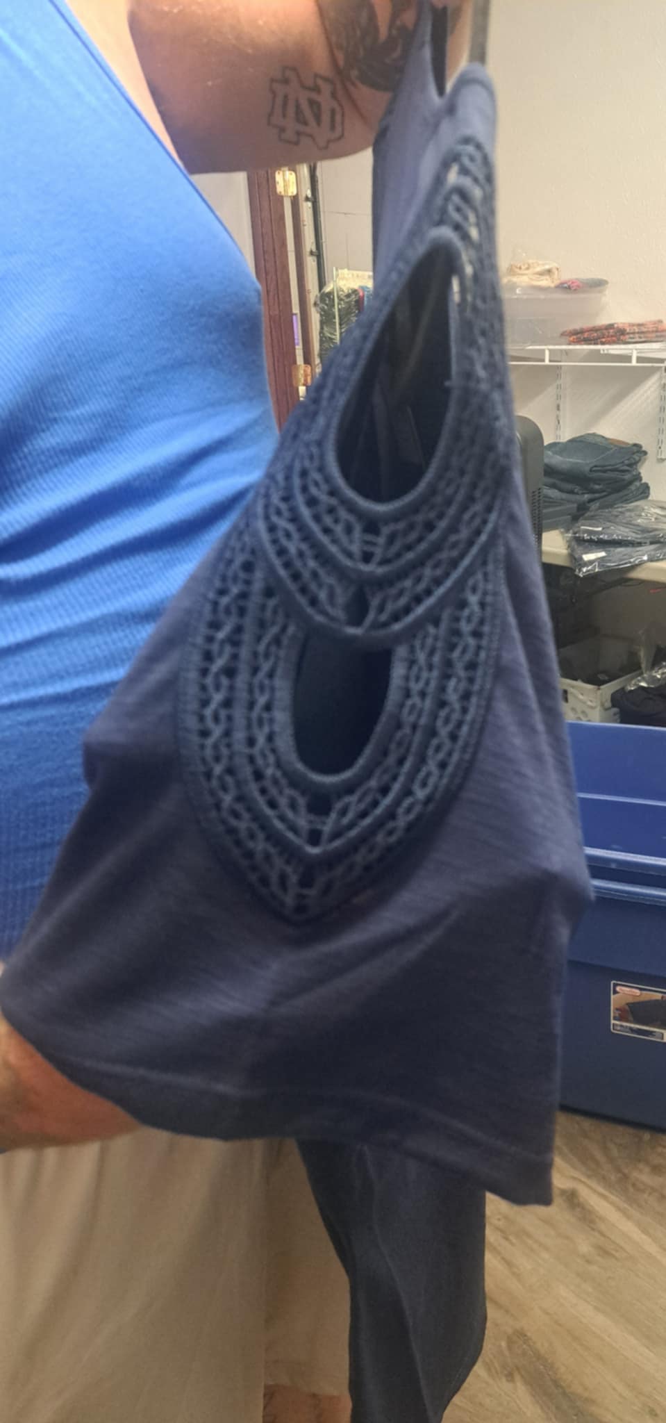 Cute Navy Crochet Sleeve Shirt Top