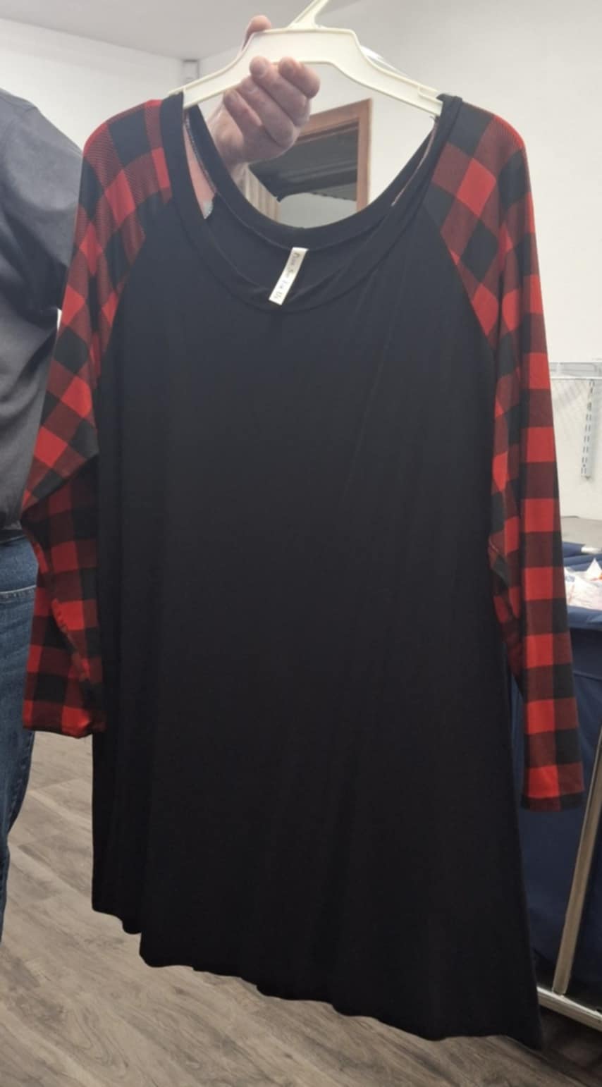 PSFU Black Shirt Top w Red Plaid Sleeves
