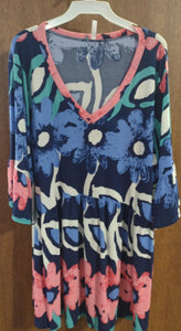Blue Pink Mint Floral V Neck Shirt Top