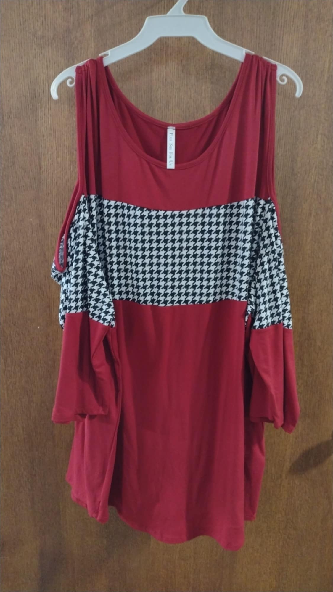 Red Black & White Houndstooth Cold Shoulder Shirt Top