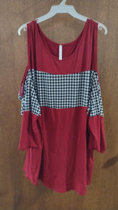 Red Black & White Houndstooth Cold Shoulder Shirt Top