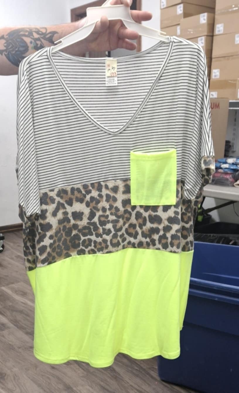 Stripe Leopard Neon Lime Pocket Shirt Top