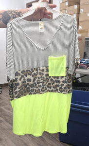 Stripe Leopard Neon Lime Pocket Shirt Top