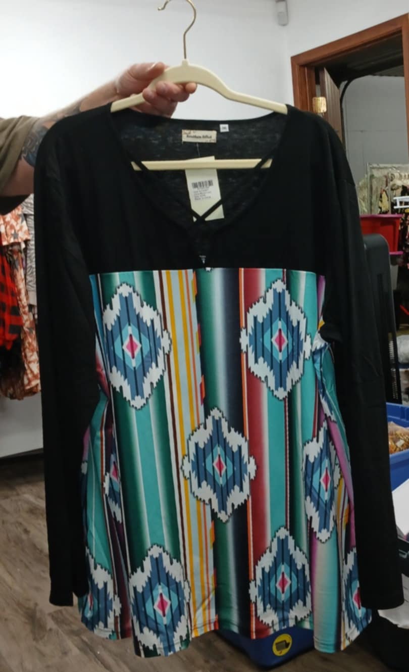 Black Aztec Western Print X Neck Shirt Top