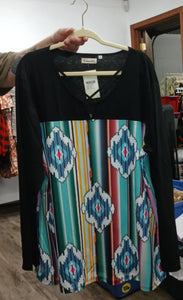 Black Aztec Western Print X Neck Shirt Top