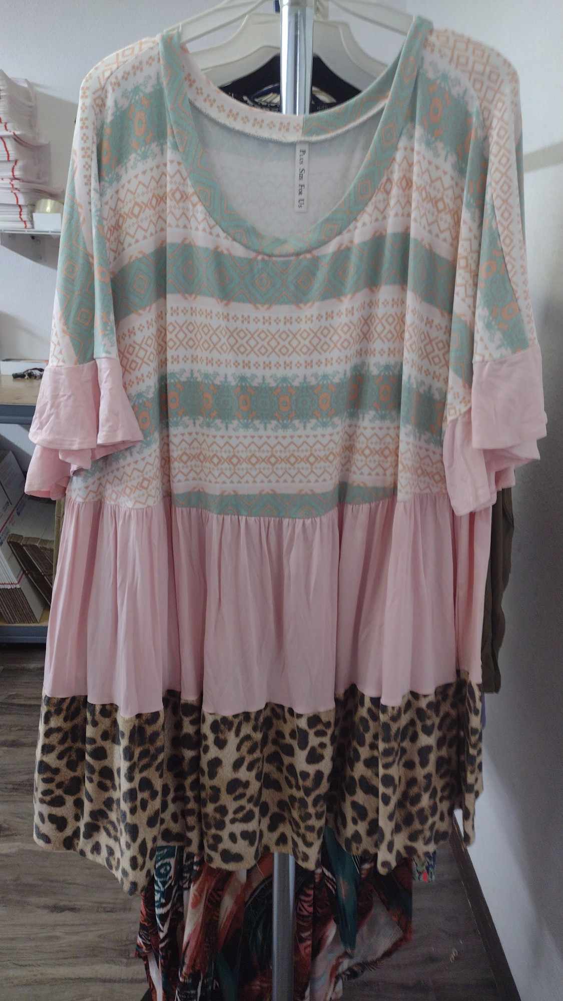 PSFU Pink Green Aztec Colorblock Leopard Shirt Top Tunic