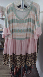 PSFU Pink Green Aztec Colorblock Leopard Shirt Top Tunic