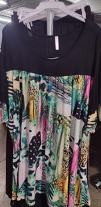 Black Shirred Upper Polka Dot Animal Print Design Tunic Shirt Top