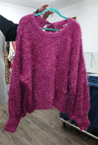 Pink "furry" Sweater Shirt Top w Keyhole Back Tie
