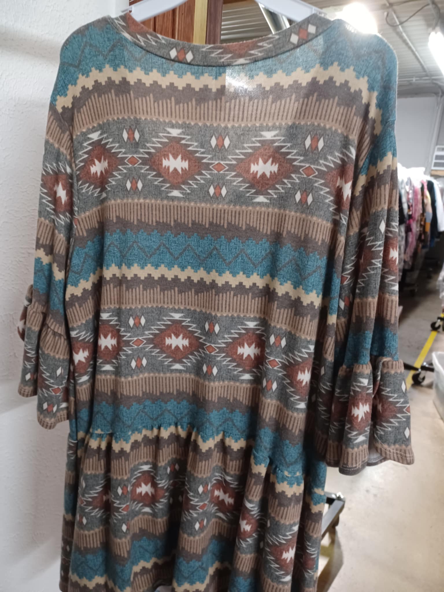 Brown Blue Aztec Western Print Shirt Top