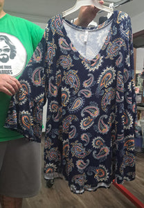 Navy Paisley V Neck Shirt Top