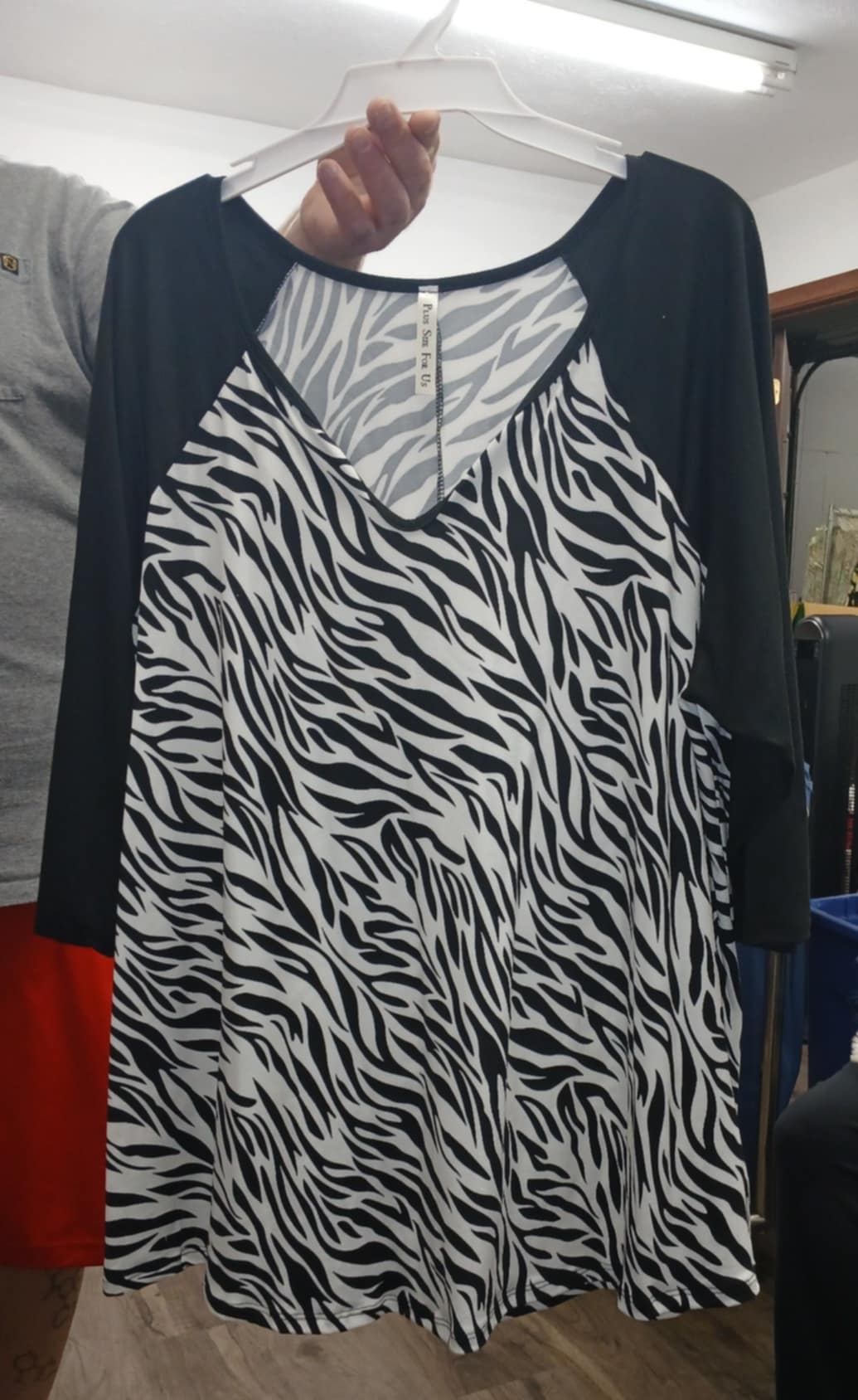 PSFU Zebra Shirt Top with Black Sleeves Horseshoe Neckline