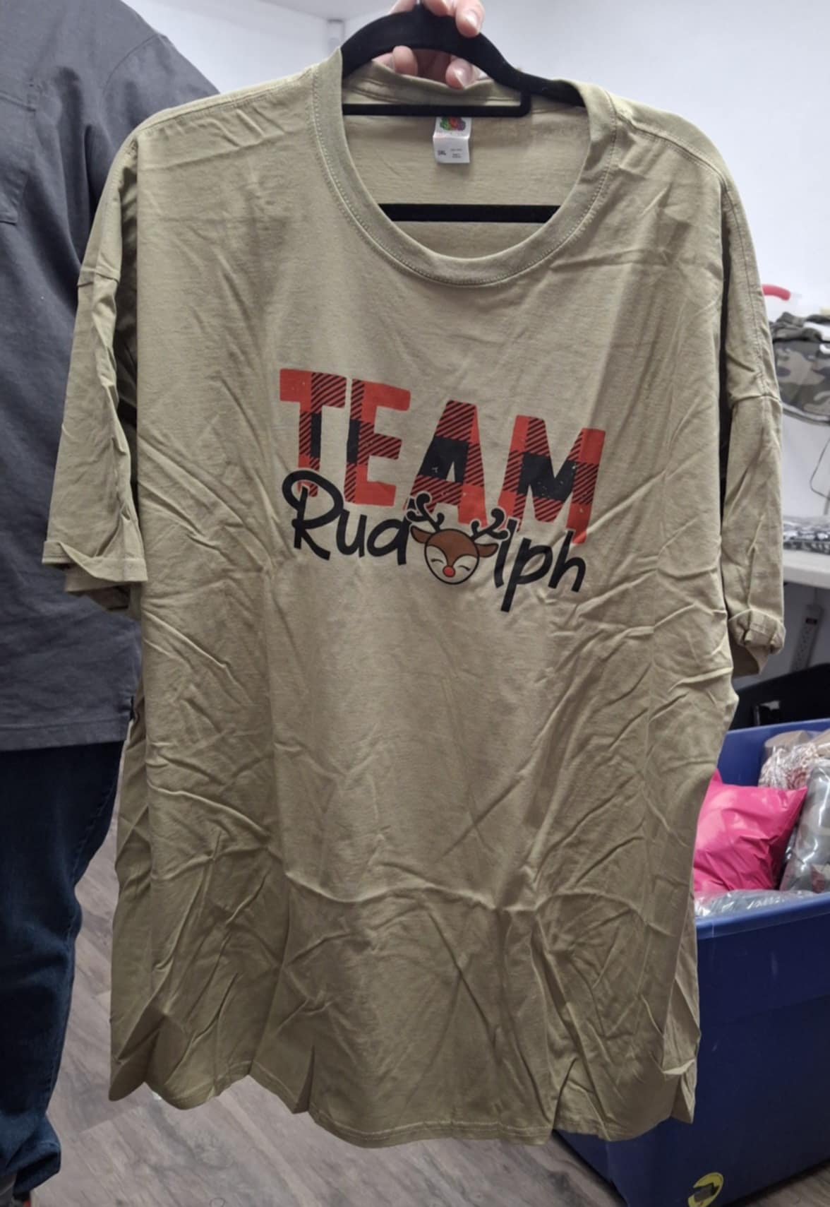 Beige Red Plaid Team Rudolph Christmas Shirt Top