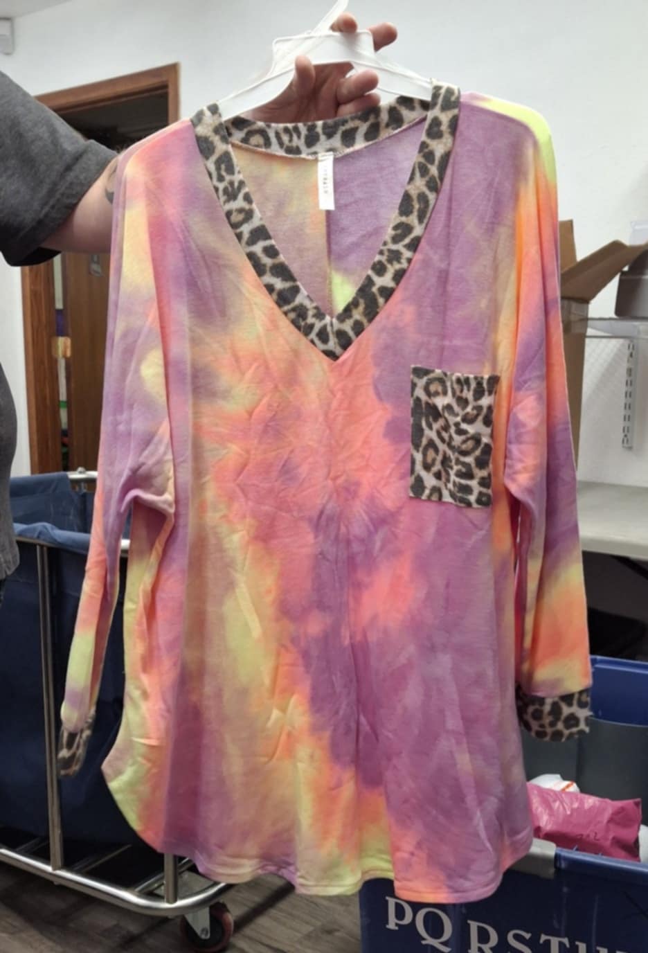 Pink Purple Yellow Tie Dye Shirt with Leopard Trim