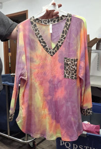 Pink Purple Yellow Tie Dye Shirt with Leopard Trim