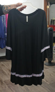 PSFU Black Shirt Top with Gray Pink Floral Accents